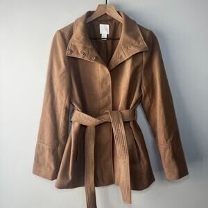 H&M Women's Button Front Tie Sash Peacoat Beige Size 8